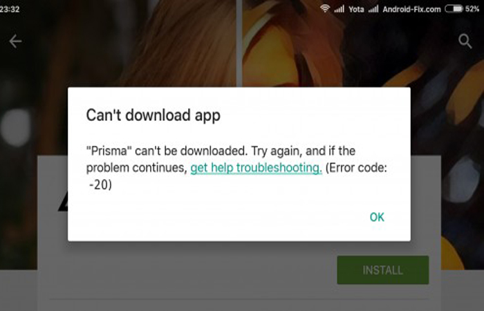Error code 20: "Application cannot be installed in the default install location" in Google Play Store
